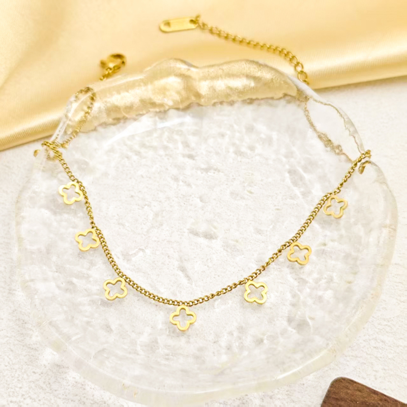 Brățară de gleznă feminină cu ciucuri și trifoi cu patru foi gol - oțel titan