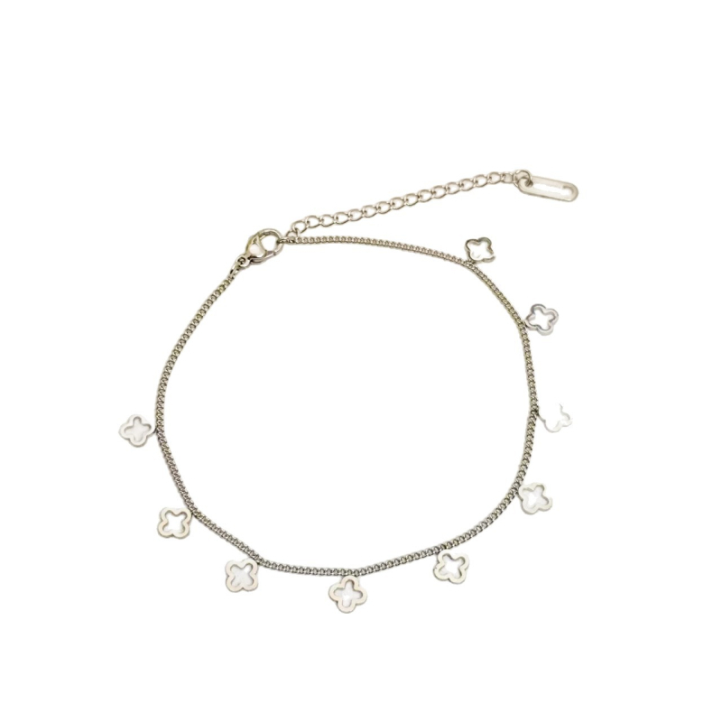 Brățară de gleznă feminină cu ciucuri și trifoi cu patru foi gol - oțel titan