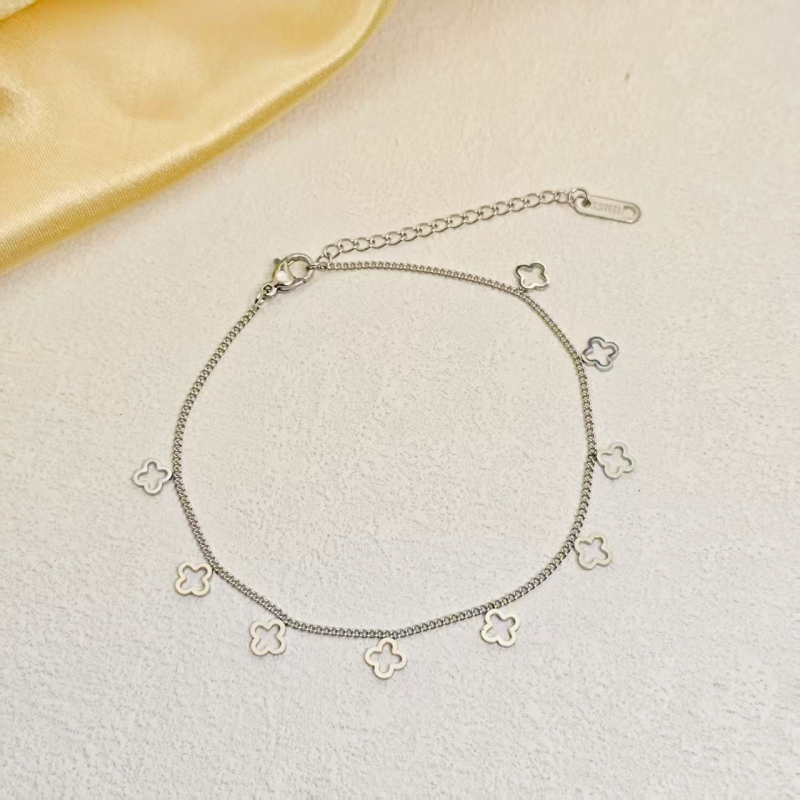 Brățară de gleznă feminină cu ciucuri și trifoi cu patru foi gol - oțel titan