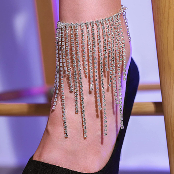 Brățară de gleznă cu ciucuri din strasuri, încrustată geometric din aliaj, stil feminin (Material: aliaj; Incrustare: pietre artificiale; Formă: geometrică; Stil: feminin; Tip: Brățară gleznă)