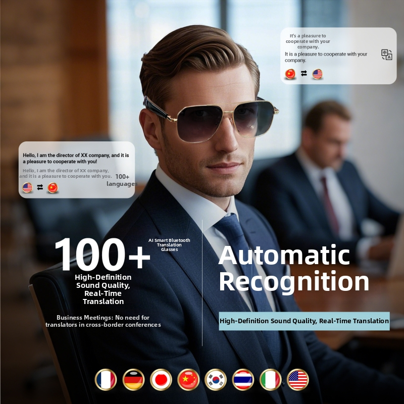 Gy100 Ochelari inteligenți Bluetooth cu AI traducere — traducere în mai multe limbi, muzică și apeluri, baterie de 110 mAh, greutate 39 g, purtare pe cap cu control tactil, fără cameră