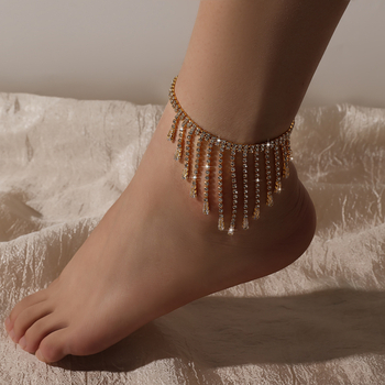 Brățară de gleznă cu ciucuri lungi și cristale strălucitoare | Material: sticlă/lapis lazuli | Încrustare din aliaj cu pietre artificiale | Design geometric | Femei