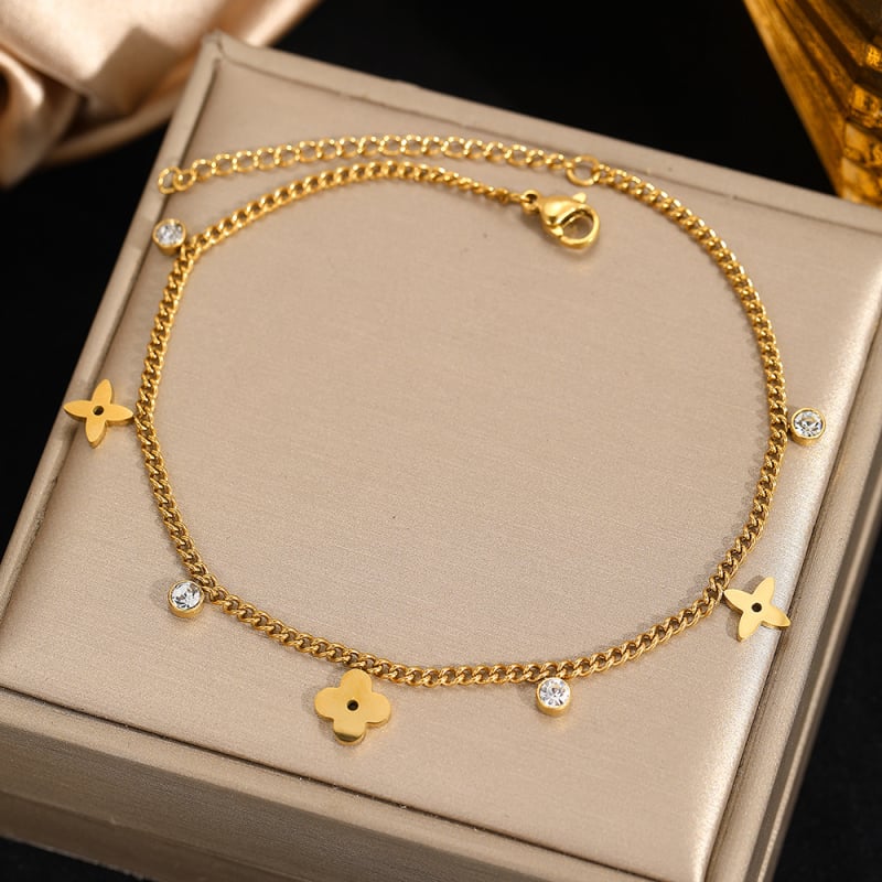 Lanț de gleznă din oțel inoxidabil – design cu patru foi de trifoi, stil geometric feminin, accesoriu versatil, model F367