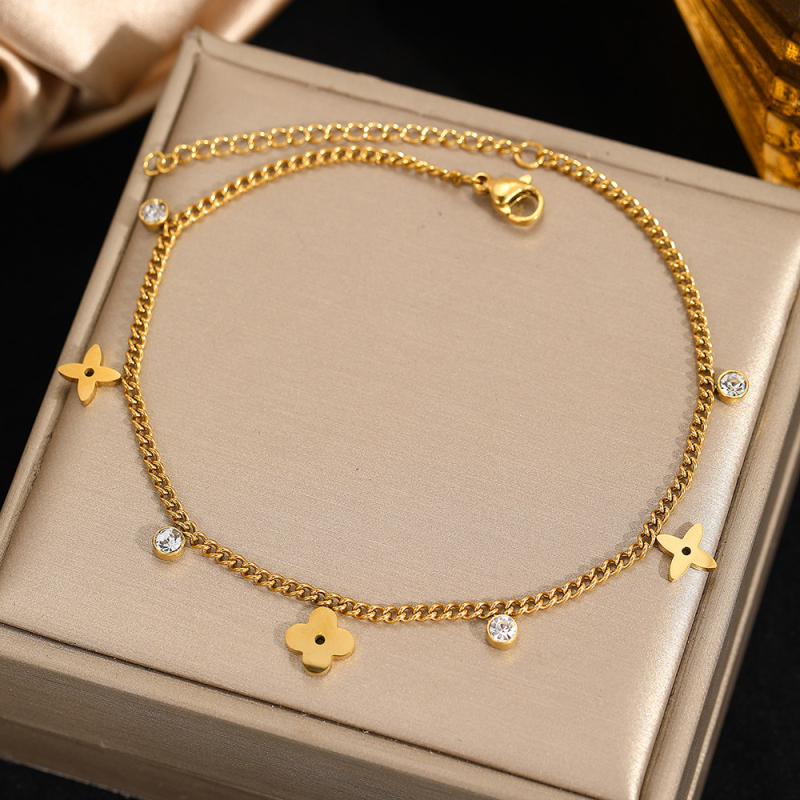 Lanț de gleznă din oțel inoxidabil – design cu patru foi de trifoi, stil geometric feminin, accesoriu versatil, model F367