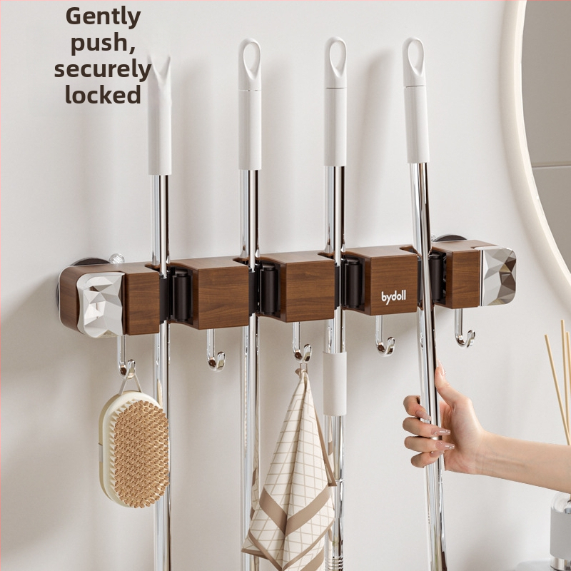 Mop klipa uzglabāšanas plaukts ar koka graudainu dizainu un vakuuma stiprinājumu – sienas stiprinājums bez urbuma, plastmasas uzglabāšana