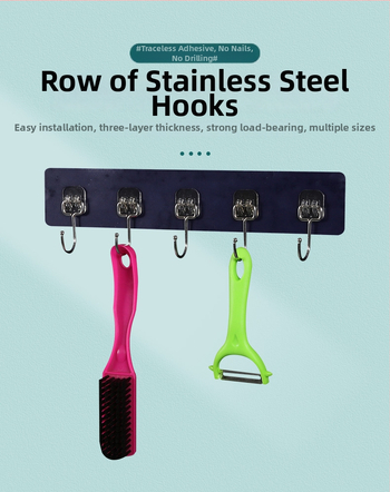 Cuier adeziv din oțel inoxidabil, cu șase rânduri, pentru bucătărie, fără găuri, susține peste 30 kg