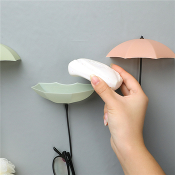 Cuier adeziv, în formă de umbrelă, cu 3 cârlige, din plastic, montaj fără găuri, pentru baie