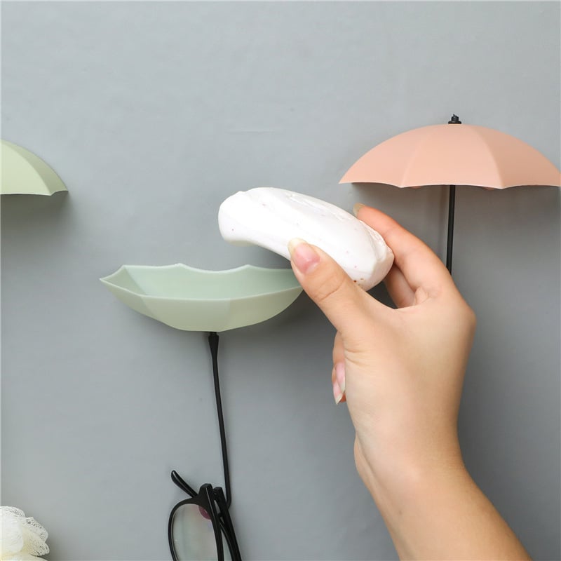 Cuier adeziv, în formă de umbrelă, cu 3 cârlige, din plastic, montaj fără găuri, pentru baie