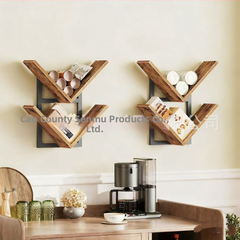 Стенно монтирана стойка за съхранение с двойно ниво на дисплея, дърво-бамбукова конструкция, вакуумно закрепване, мултифункционална