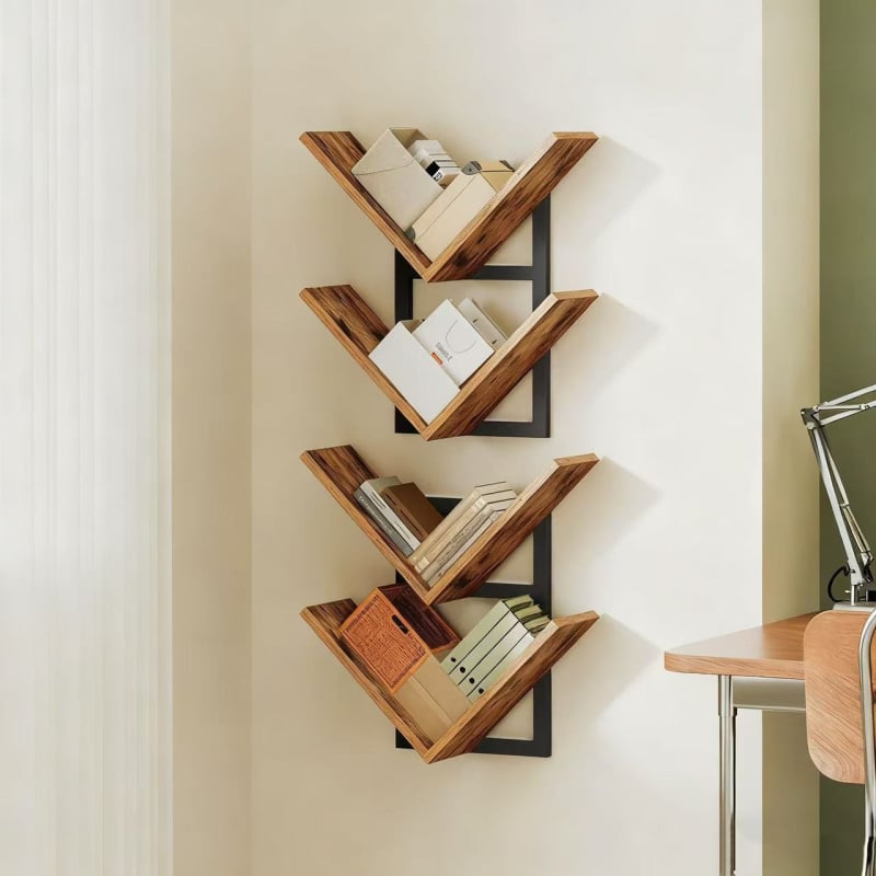 Стенно монтирана стойка за съхранение с двойно ниво на дисплея, дърво-бамбукова конструкция, вакуумно закрепване, мултифункционална