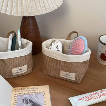 Coș de depozitare cu utilizare dublă – pentru perete sau birou, din iută și bumbac, stil japonez