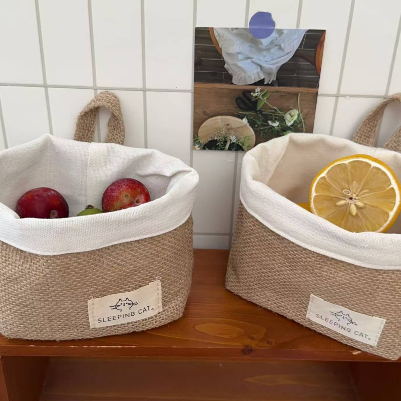 Coș de depozitare cu utilizare dublă – pentru perete sau birou, din iută și bumbac, stil japonez