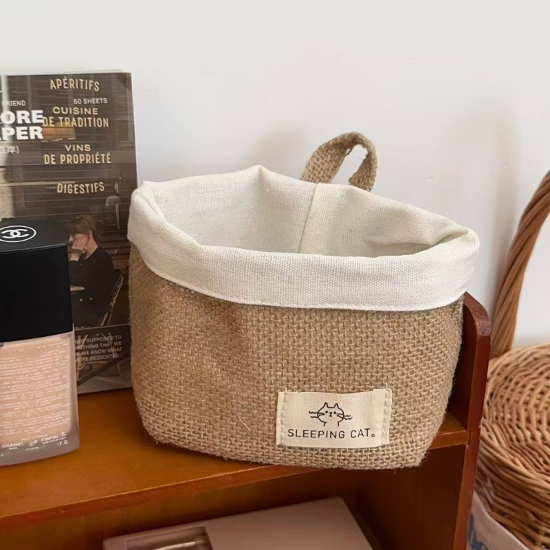 Coș de depozitare cu utilizare dublă – pentru perete sau birou, din iută și bumbac, stil japonez