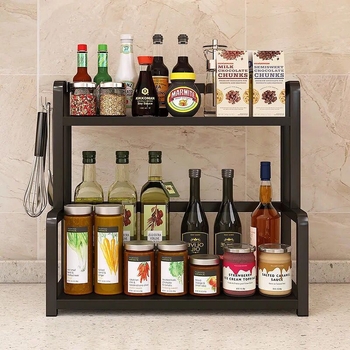 двуетажен кухненски рафт за съхранение, стенен монтаж, изработен от въглеродна стомана