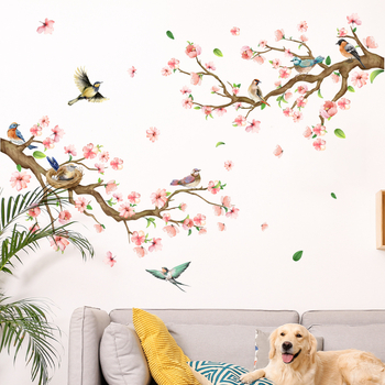 Стeнни стикери – 2 броя PVC, карикатурни птици на клони прасковено цъфтеж, графити стил, подходящи за дневна и спалня