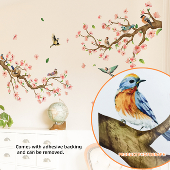 Стeнни стикери – 2 броя PVC, карикатурни птици на клони прасковено цъфтеж, графити стил, подходящи за дневна и спалня