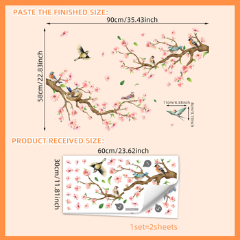 Стeнни стикери – 2 броя PVC, карикатурни птици на клони прасковено цъфтеж, графити стил, подходящи за дневна и спалня
