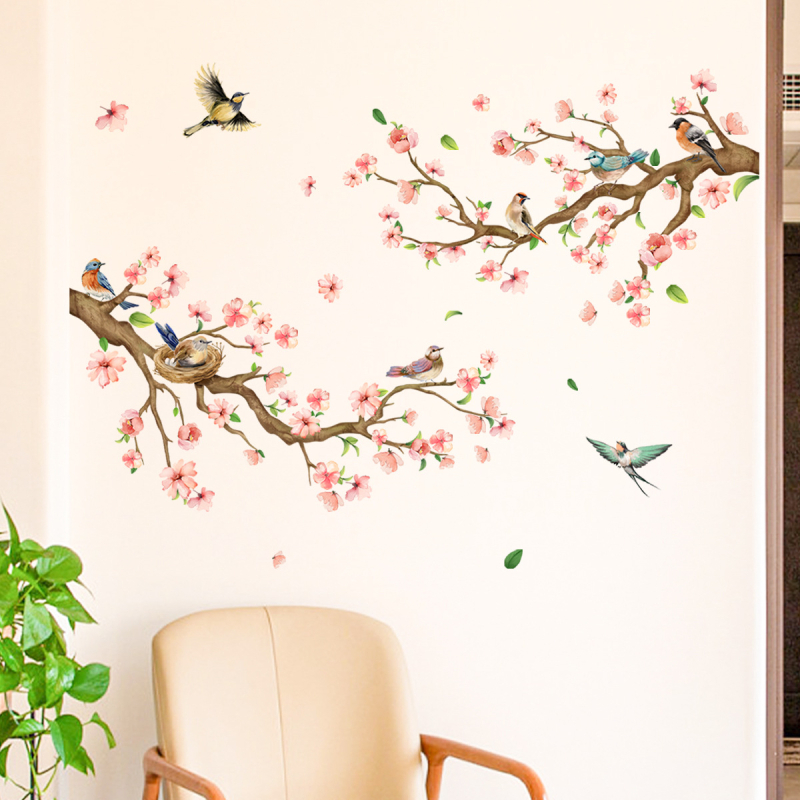 Стeнни стикери – 2 броя PVC, карикатурни птици на клони прасковено цъфтеж, графити стил, подходящи за дневна и спалня