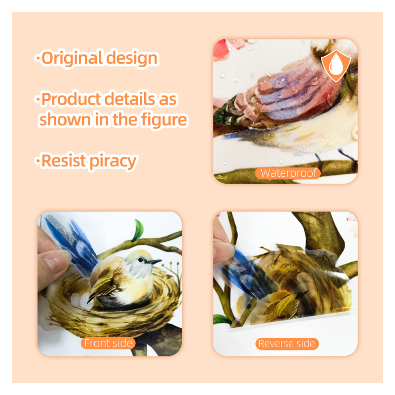 Стeнни стикери – 2 броя PVC, карикатурни птици на клони прасковено цъфтеж, графити стил, подходящи за дневна и спалня