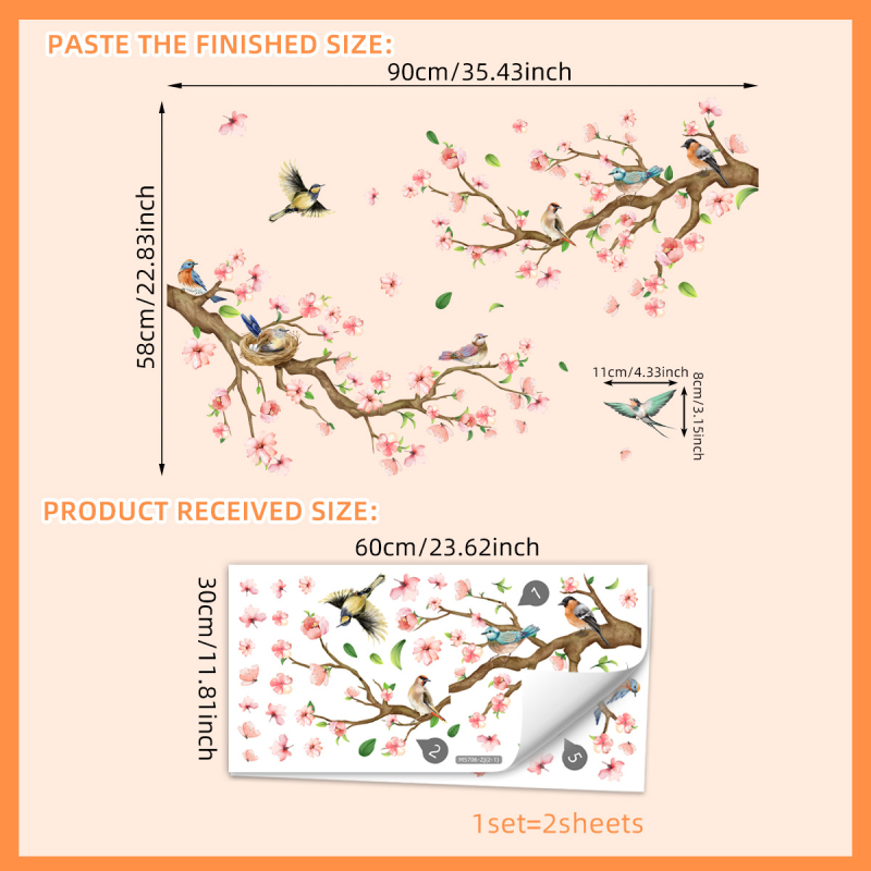 Стeнни стикери – 2 броя PVC, карикатурни птици на клони прасковено цъфтеж, графити стил, подходящи за дневна и спалня