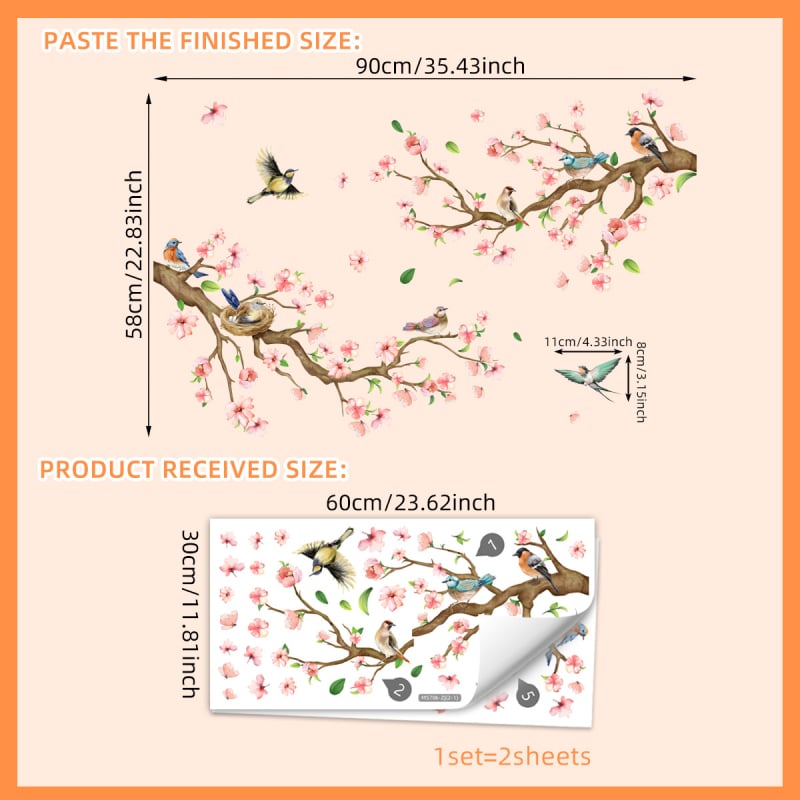 Стeнни стикери – 2 броя PVC, карикатурни птици на клони прасковено цъфтеж, графити стил, подходящи за дневна и спалня