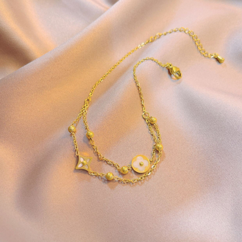 Глезенна гривна с двоен четирилистник, титаниева стомана, кръгли мъниста, флорален мотив