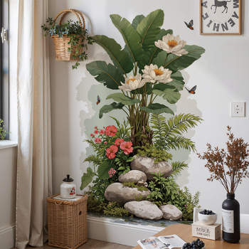 Стенно стикер – тропични растения и цветя като фон, водоустойчив, минималистичен плосък дизайн за хол, спалня и антре – PVC