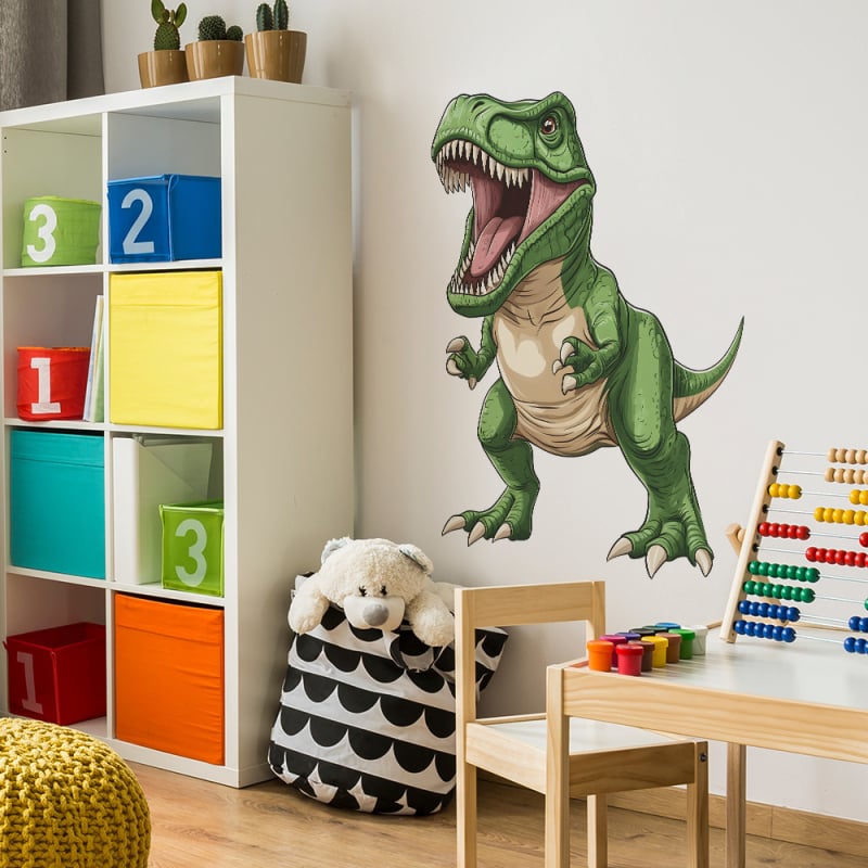 Стенен стикер с карикатурен динозавър – комплект от 2 части, PVC материал, декоративна украса за хол, спалня и вход, стил карикатура