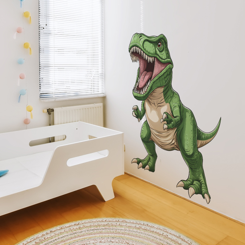 Стенен стикер с карикатурен динозавър – комплект от 2 части, PVC материал, декоративна украса за хол, спалня и вход, стил карикатура