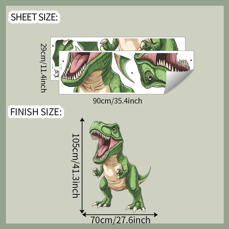 Стенен стикер с карикатурен динозавър – комплект от 2 части, PVC материал, декоративна украса за хол, спалня и вход, стил карикатура