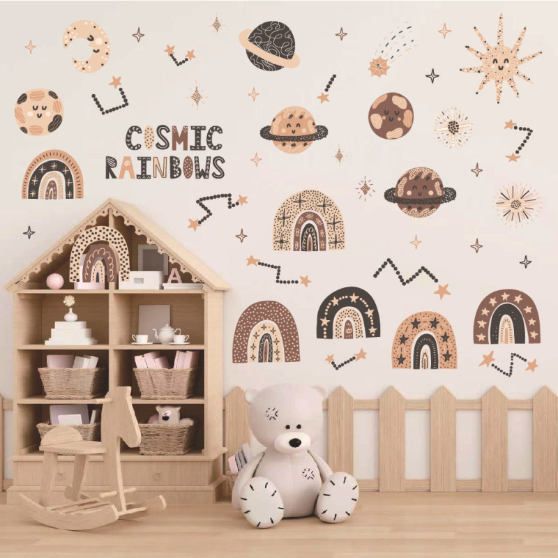 Autocolant de perete pentru marginea patului cu nori curcubeu nordici, autoadeziv, PVC, impermeabil, model 60682085, 1 bucată