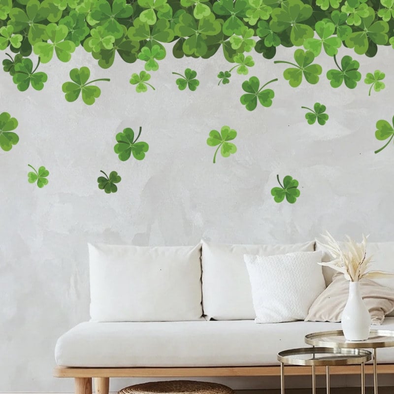 Autocolant de perete cu patru foi de trifoi – PVC, rezistent la apă, antistat, durabil la umezeală; pentru living și dormitor; autoadeziv, design plat, 1 bucată