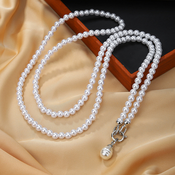 Colier cu lanț corp, design geometric, aliaj cu perle artificiale, lanț cu biluțe, lungime 51–60 cm, pandantiv perle artificiale