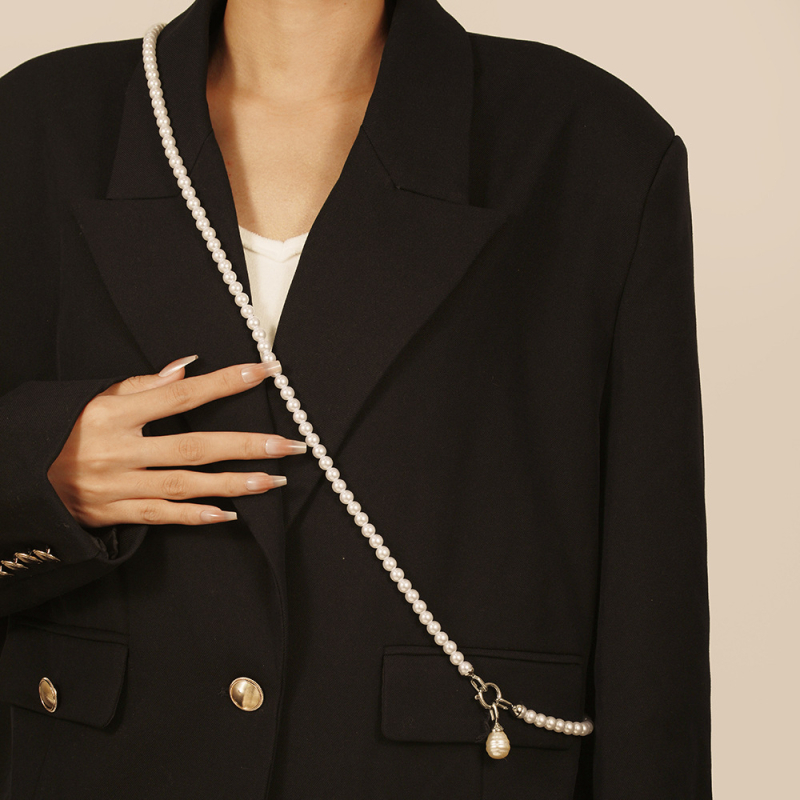 Colier cu lanț corp, design geometric, aliaj cu perle artificiale, lanț cu biluțe, lungime 51–60 cm, pandantiv perle artificiale