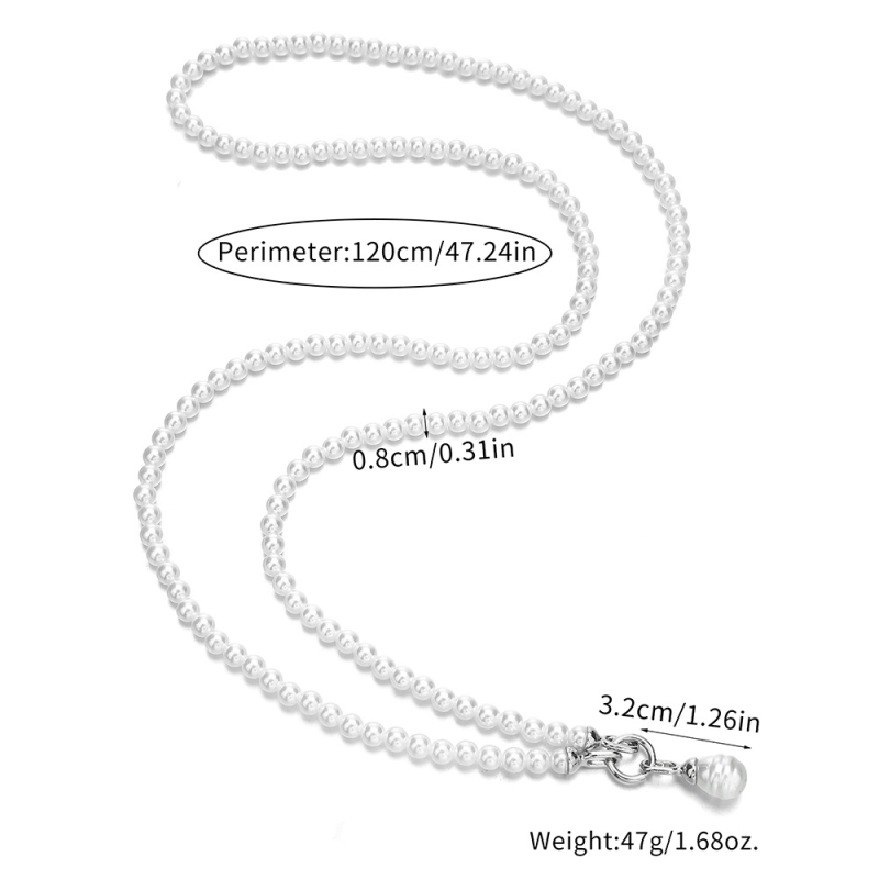 Colier cu lanț corp, design geometric, aliaj cu perle artificiale, lanț cu biluțe, lungime 51–60 cm, pandantiv perle artificiale