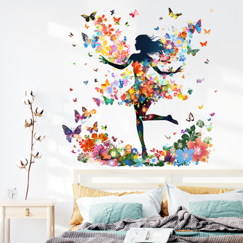 Sticker de perete din PVC, 2 bucăți, design desen animat cu o fată-elf cu fluturi, pentru sufragerie, dormitor, birou, hol și balcon (stil modern minimalist, plat)