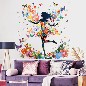 Sticker de perete din PVC, 2 bucăți, design desen animat cu o fată-elf cu fluturi, pentru sufragerie, dormitor, birou, hol și balcon (stil modern minimalist, plat)