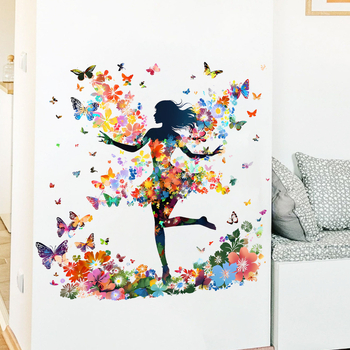 Sticker de perete din PVC, 2 bucăți, design desen animat cu o fată-elf cu fluturi, pentru sufragerie, dormitor, birou, hol și balcon (stil modern minimalist, plat)