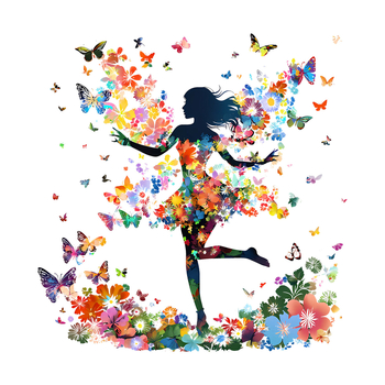 Sticker de perete din PVC, 2 bucăți, design desen animat cu o fată-elf cu fluturi, pentru sufragerie, dormitor, birou, hol și balcon (stil modern minimalist, plat)