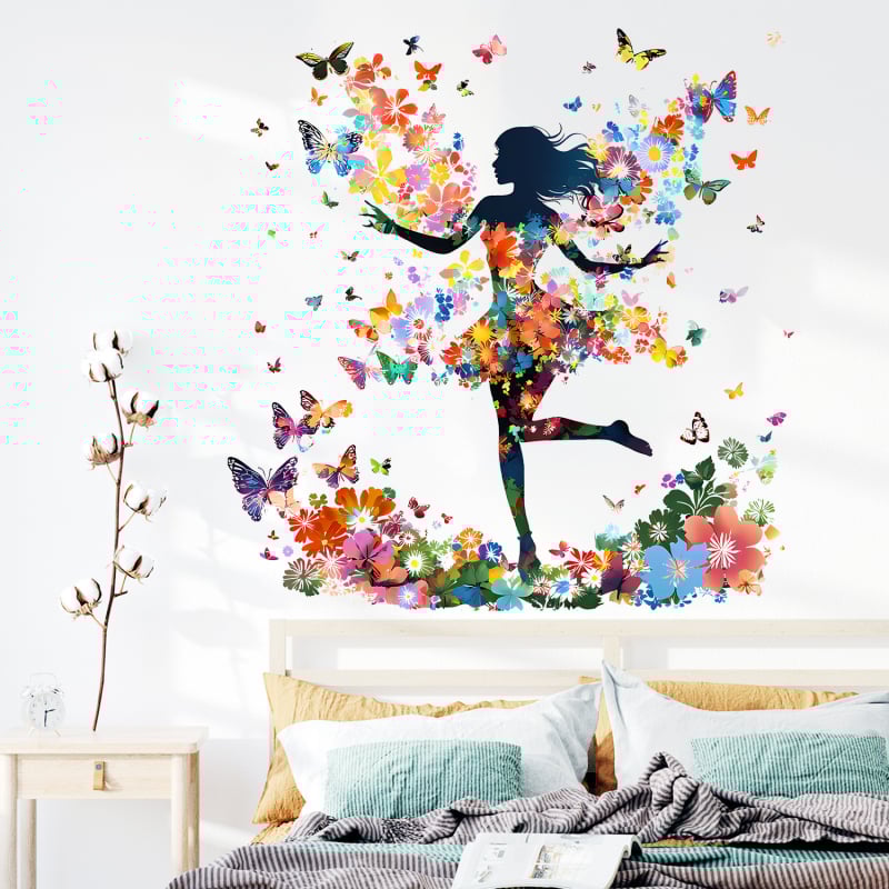 Sticker de perete din PVC, 2 bucăți, design desen animat cu o fată-elf cu fluturi, pentru sufragerie, dormitor, birou, hol și balcon (stil modern minimalist, plat)