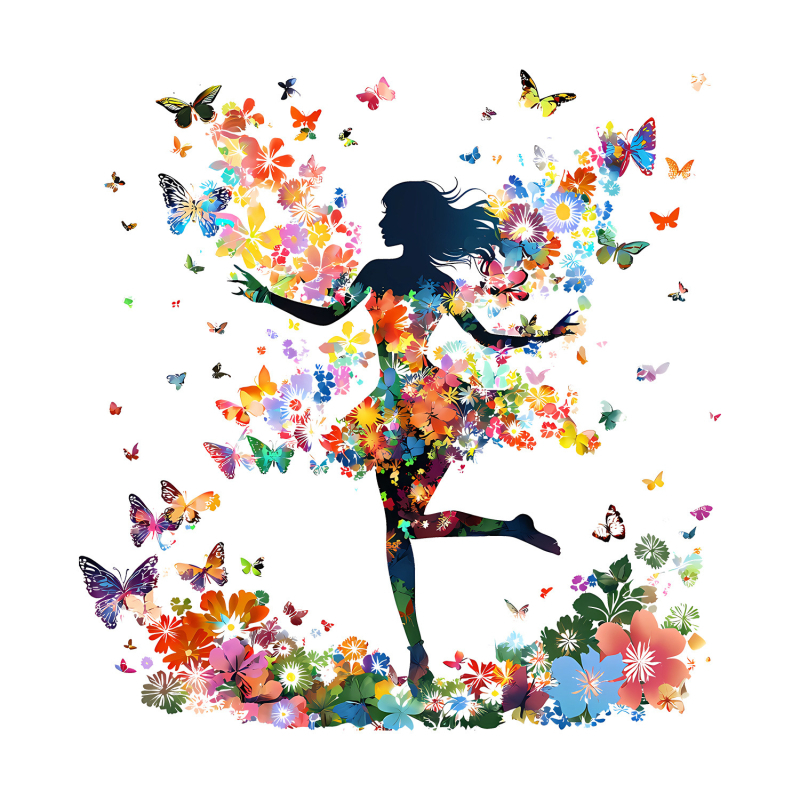 Sticker de perete din PVC, 2 bucăți, design desen animat cu o fată-elf cu fluturi, pentru sufragerie, dormitor, birou, hol și balcon (stil modern minimalist, plat)