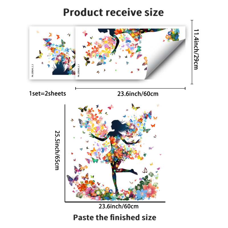 Sticker de perete din PVC, 2 bucăți, design desen animat cu o fată-elf cu fluturi, pentru sufragerie, dormitor, birou, hol și balcon (stil modern minimalist, plat)
