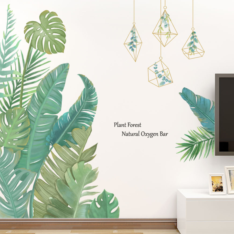 Autocolant decorativ pentru perete cu frunze de banan tropicale, autoadeziv, PVC, rezistent la apă, 2 piese, decor modern minimalist pentru sufragerie și dormitor