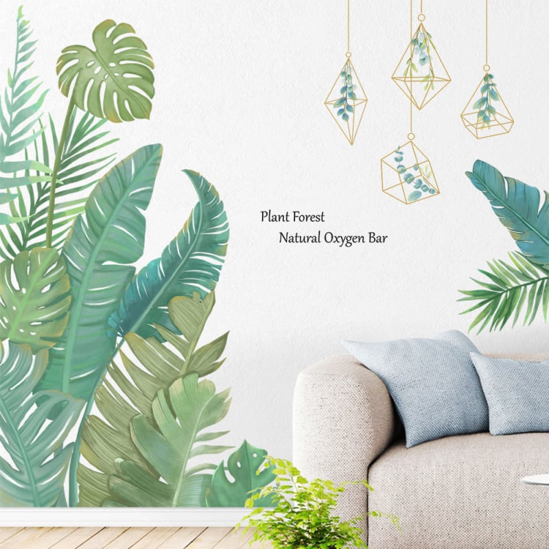 Autocolant decorativ pentru perete cu frunze de banan tropicale, autoadeziv, PVC, rezistent la apă, 2 piese, decor modern minimalist pentru sufragerie și dormitor