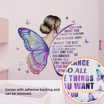 Autocolant de perete PVC, 2 bucăți; siluetă de fată cu aripioare de fluture pe spate, culoare solidă; decor pentru dormitor și sufragerie