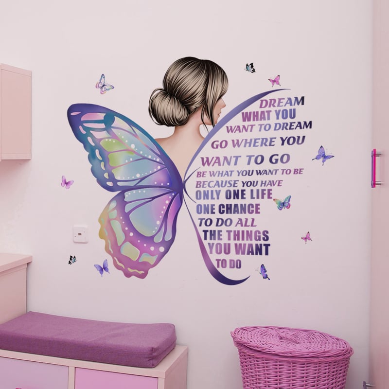 Autocolant de perete PVC, 2 bucăți; siluetă de fată cu aripioare de fluture pe spate, culoare solidă; decor pentru dormitor și sufragerie
