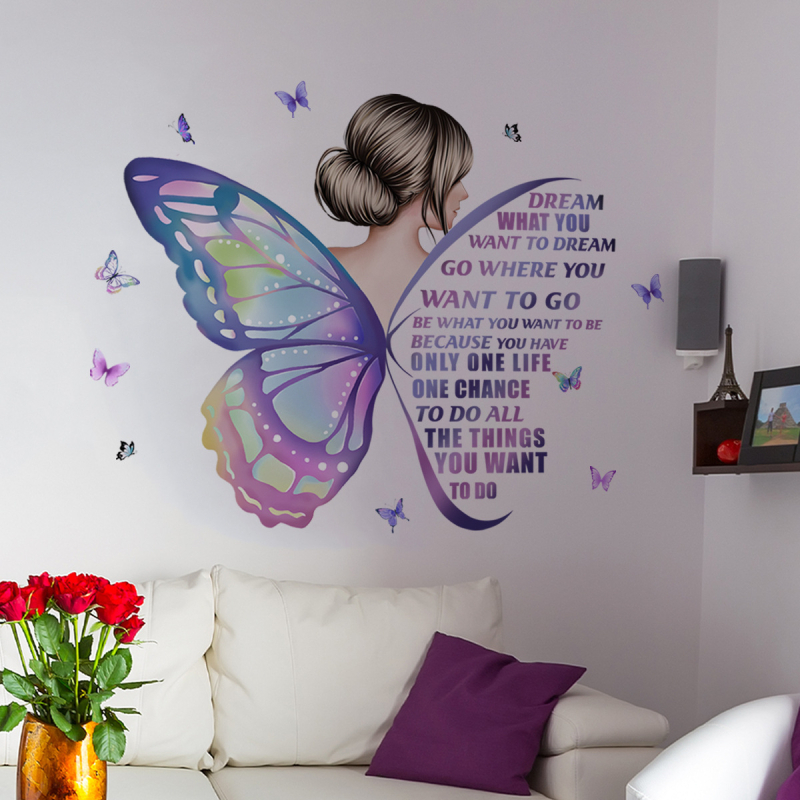 Autocolant de perete PVC, 2 bucăți; siluetă de fată cu aripioare de fluture pe spate, culoare solidă; decor pentru dormitor și sufragerie