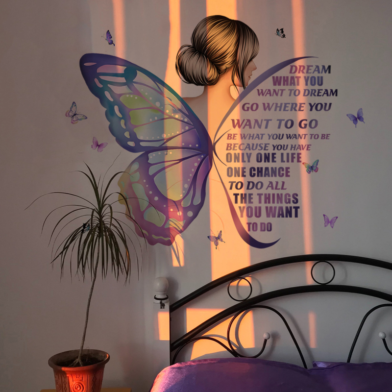 Autocolant de perete PVC, 2 bucăți; siluetă de fată cu aripioare de fluture pe spate, culoare solidă; decor pentru dormitor și sufragerie