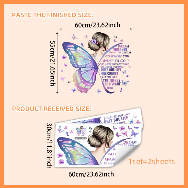 Autocolant de perete PVC, 2 bucăți; siluetă de fată cu aripioare de fluture pe spate, culoare solidă; decor pentru dormitor și sufragerie