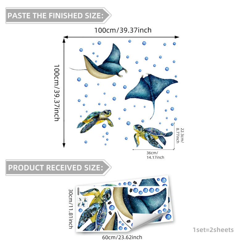 Autocolant de perete: Țestoasă desen animat, PVC, set de 2 bucăți, stil plat